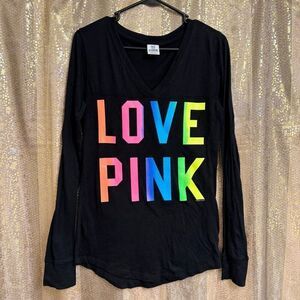 Victorias Secret PINK Neon Rainbow 86 Y2K Black Long Sleeve Top Large